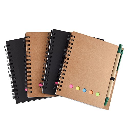 Coopay 4 Pack Spiral Notebook Journal Notepad with Pen in Holder and Sticky Notes, Page Marker Colored Index Tabs Flags (Black and Brown Cover)