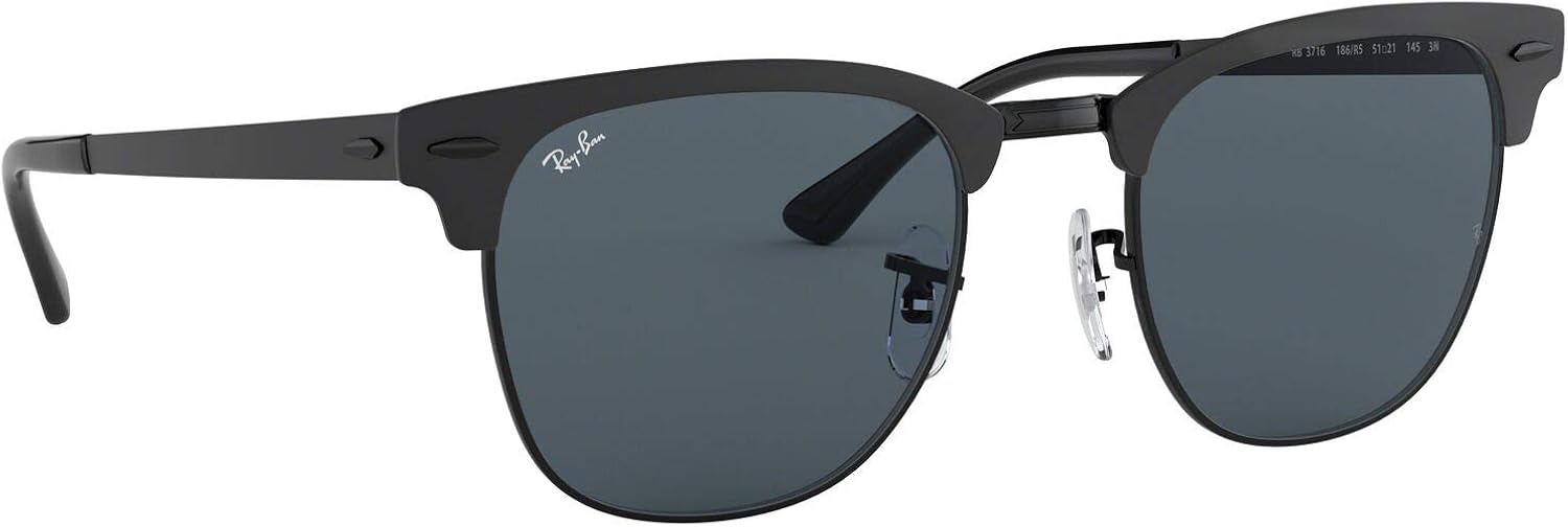 Ray-Ban RB3716 Clubmaster Metal Square Sunglasses, Black On Matte Black/Blue, 51 mm: Ray-Ban: Shoes