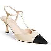 Coutgo Womens Kitten Heels Slingback Pumps Closed Pointed Toe Two Tone Ankle T Strap Office Dress Shoes