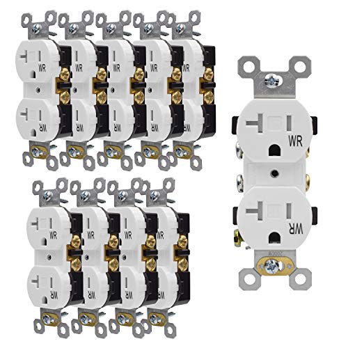 AIDA 20 Amp, 125 Volt, 5-20R, 2 Pole 3 Wire,Tamper Resistant Weather Resistant Residential Grade Self-gounding Duplex Receptacle TR WR White Wall Outlet Side & Back Wire UL Listed 10 Pack White 030661