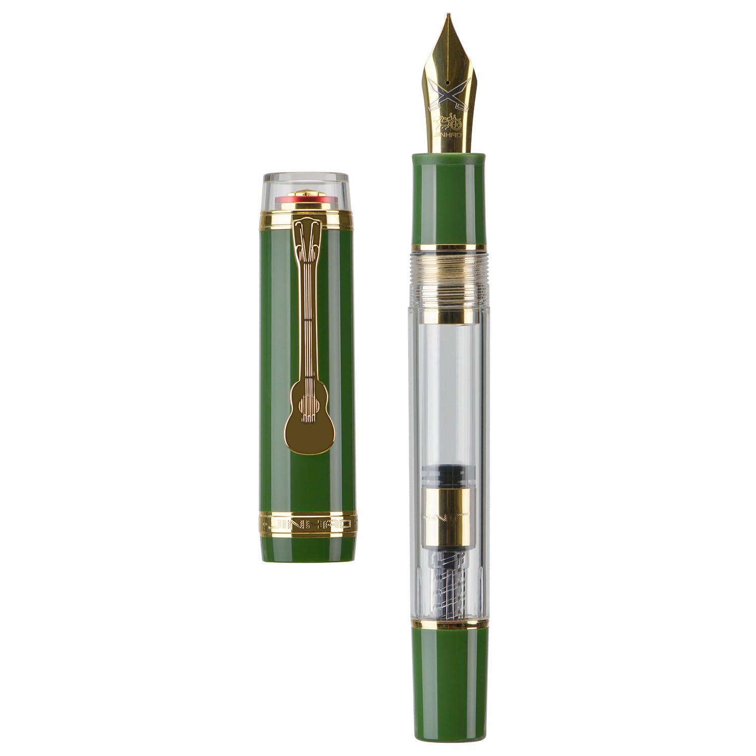 Jinhao 1935 Tiandao Fountain Pen, Size 8 Fine Nib, Green and Transparent Acrylic with Converter and Guitar Clip