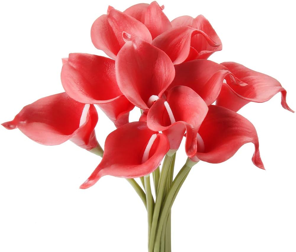 CQURE Artificial Flowers, Fake Flowers Silk Plastic Artificial Calla Lily Bridal Wedding Bouquet for Home Garden Party Wedding Decoration 12Pcs (Red)