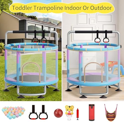 5-in-1 Toddler Trampoline for Kids, Upgrade 60"Trampoline for Toddler Indoor Outdoor, Trampoline with Safety Enclosure Net and Swing, Ocean ball, Children's sandbag