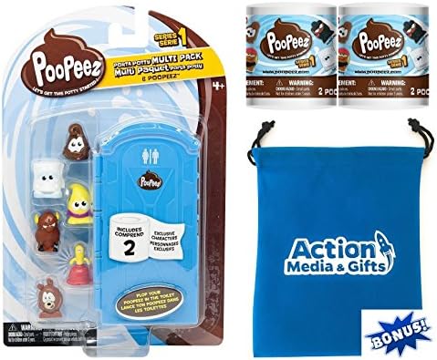 Poopeez Bundle includes Poopeez Porta Potty 8 Pack + (Set of 2) Poopeez Mystery Toilet Paper 2 Pack + BONUS Exclusive Action Media Storage Bag