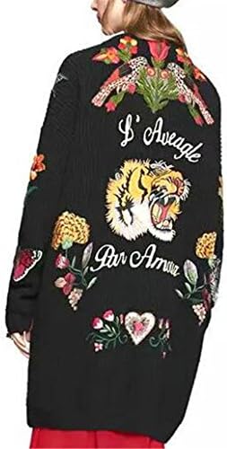 NEW Spring Autumn Women Fashion Flower Tiger Embroidered Knitted Cardigan Long Sweater
