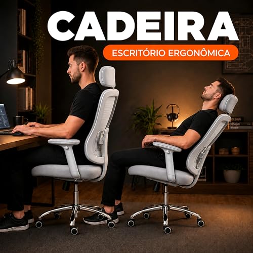 Laruno Cadeira de Escritório Ergonômica Premium NR17 Cinza Giratória Reclinável 145 Graus com Suporte Lombar Encosto Mesh Respirável Cadeira Gamer com Regulagem de Altura e Rodinhas Suporta até 120kg