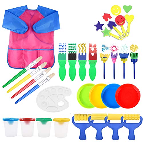 YZNlife 30 Pieces Kids Painting Brushes Sponge Drawing Set with Paint Bowls, Sponge Foam Brushes and Waterproof Apron for Children Doodle, Sharing Paints,Early Learning DIY Art Craft - Thumbnail 7
