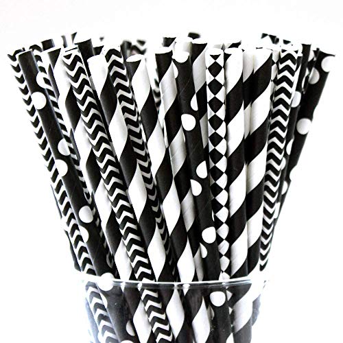 Paper Drink Straws Biodegradable Black - Value Pack 100 Pcs Eco-frendly Straws Bulk for Party Supplies | Birthday | Wedding | Bridal | Baby Shower | DIY Idea (Black&White(4 Styles))