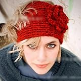 HuntGold Lady Women Fashion Camellia Warm Soft Wool Crochet Headband Knit Wide Hair Band(red)