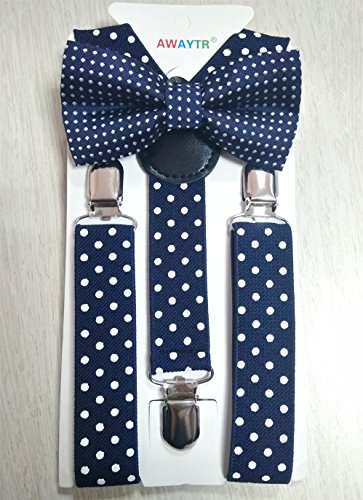 Child Kids Suspenders Bowtie Set - Adjustable Length 1 Inches Suspender with Bow Tie Set for Boys and Girls by AWAYTR (Navy blue Polka dot)