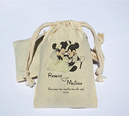 Personalized Cotton Muslin Party Favor Bag - Personalized Wedding, Bachelorette, Bridal Shower Favor Bag - Mickey &amp; Minnie Wedding Favor Bags