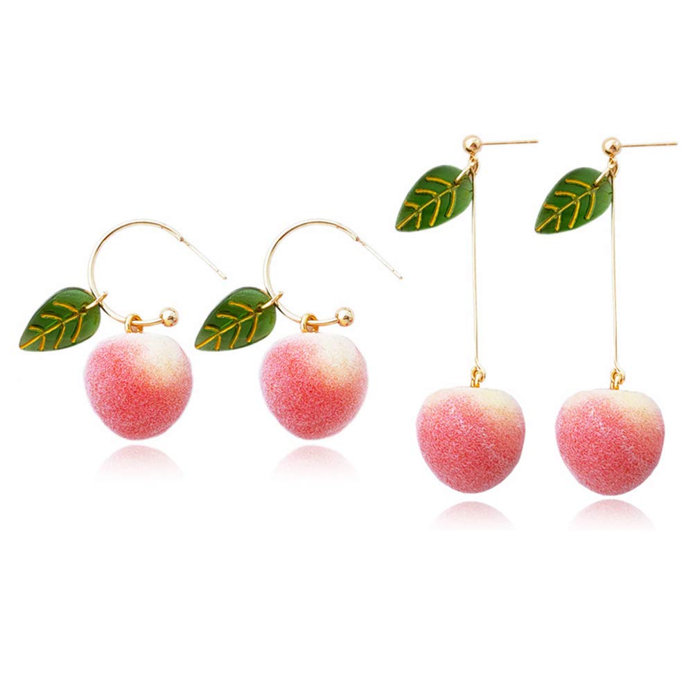 2 Pairs Cute Creative Super Lightweight Lifelike Pink Peach With Leaf Dangle Drop Earrings Sets for Women Girls Teens Charm Fruit Hoop Earrings Jewelry Gifts (Pink) 1