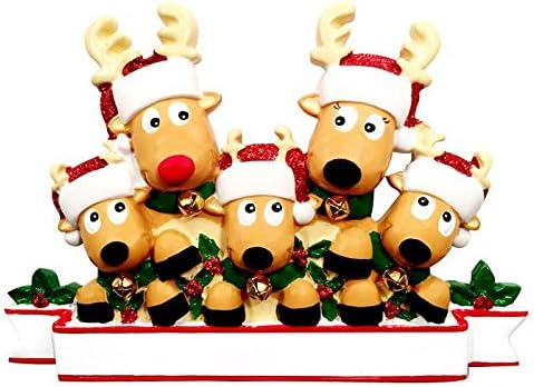 2017 Reindeer Family Hand Personalized Christmas Ornament - Family of 5 (With 3 Children)