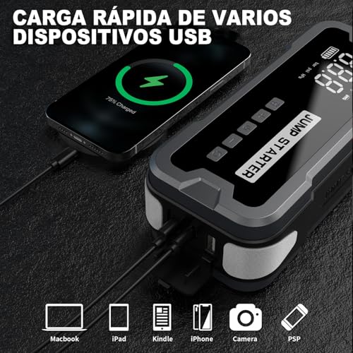 Arrancador de Coches con Compresor de Aire, 4000A 150PSI Arrancador Portátil de Batería de Coche, Arrancador de Emergencia con Cable de Puente de Seguridad Inteligente Visualización LCD Linterna