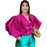 AOMEI Women's V Neck Top Button Down Big Lantern Sleeve Blouse