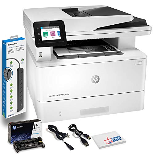 HP Laserjet Pro MFP M428fdw Wireless Monochrome Laser All-in-One Printer, Copier, Scanner, Fax, W1A30A#BGJ with Power Strip Surge Protector + Electronics Basket Microfiber Cleaning Cloth