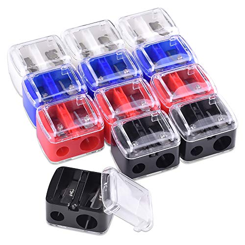 WXJ13 12 Pieces Double Hole Manual Pencil Sharpener for Pencil, Colored Pencil, Eyebrow Pencil, Eyeliner Pencil, 4 Colors