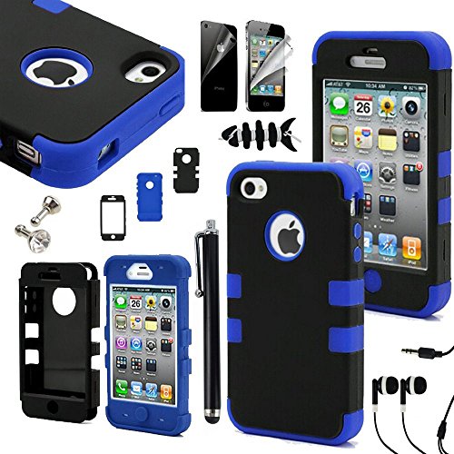 iPhone 4S Case, iPhone 4 Case, SQdeal 3in1 Rubber + Plastic High Impact Hybrid Hard Case Protective Cover for iphone 4 4s, with Earphone Touch Stylus Pen and Front/Back Screen Protector (Black/Blue)
