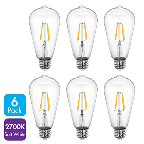 Tenergy LED Dimmable Vintage Edison Style Filament Light Bulb 4W (40 Watt Equivalent), Soft White (2700K), ST64, E26 Medium Standard Base (Pack of 6)