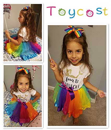 Layered Rainbow Tutu Skirt Costumes Set with Hair Bows Clips and Satin Sash for Girls Birthday Party Dress up