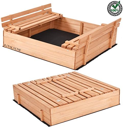 Royal Home Large Foldable Wooden Cabana Sandbox with Retractable Convertible Bench Seat for Baby Kids Children Beach Outdoor Backyards Fun Playhouse Dig Build Explore Heavy Duty Safe Sturdy Solid Wood