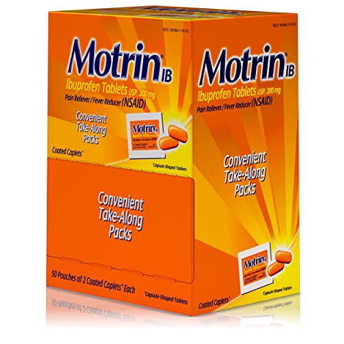 MOTRIN IB, IBUPROFEN 200MG TABLETS, NSAID PAIN & FEVER RELIEVER FOR HEADACHE, BACKACHE, MUSCULAR ACHES, ARTHRITIS PAIN RELIEVER, 50 TRAVEL PACKETS OF 2, 100 CT