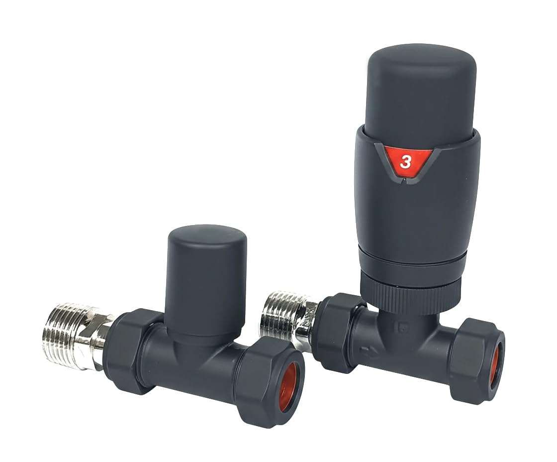 Greened House Oslo Anthracite Straight Designer TRV Thermostatic Radiator & Towel Rail Valve Oslo Anthracite TRV and Lock Shield Valve Set 1/2" - 15mm