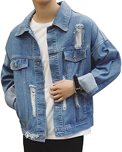 Men Casual Classic Batman Denim Jacket Loose Ripped Jean Lightweight Jacket