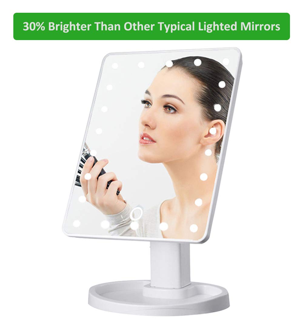 Quiklet LED Lighted Makeup Mirror 22 LED Vanity Mirror Touch Screen Light Adjustable Dimmable Daul Power Supply, Detachable 10X Magnification Spot Mirror, White