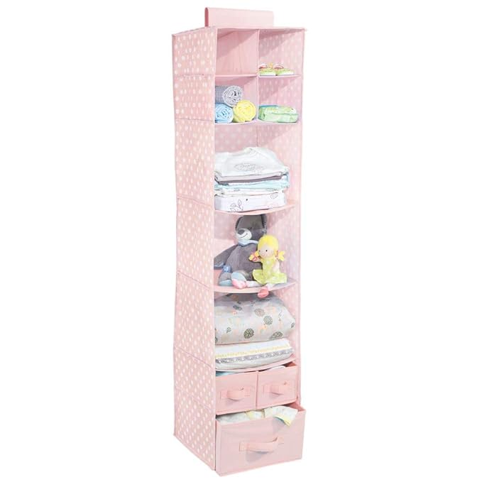 mDesign Organizador colgante con 7 estantes y 3 cajones – Armario perchero de tela con estampado de lunares – Colgador para zapatos ideal para el pasillo y el dormitorio – rosa/blanco