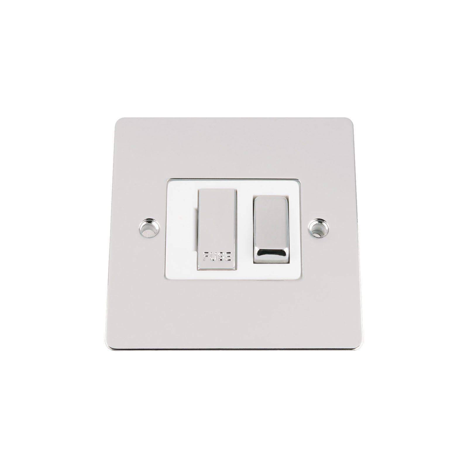 Fused Switch - Polished Chrome Flat - White Insert Metal Rocker Switch - 13 Amp Switched Fused Spur Unit