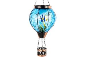 YELENEW Blue Fish Hot Air Balloon Solar Lantern with Flickering Flame Light,Glass Hanging Solar Lanterns Outdoor Waterproof,Hot Air Balloon Decorative Lights for Patio Yard Porch Garden Gift for Women