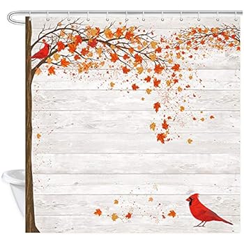 JAWO Fall Shower Curtain, Autumn Maple Leaves Cardinal Bird on Gray Wood Country Barn Wall, Autumn Season Art Fabric Bathroom Shower Curtains, 69X70 inches
