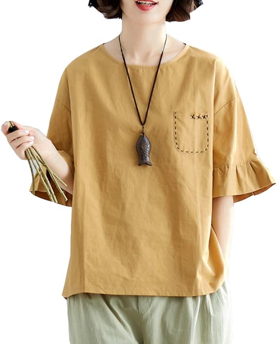 Amazon Myou 綿 ブラウス レディース 夏 無地 ゆったり 着痩せ フォーマル オフィス カジュアル シャツ トップス シャツ ブラウス 通販