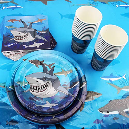 177 Piece Shark Party Supplies Set Including Banner, Plates, Cups, Napkins, Tablecloth, Spoon, Forks, and Knives, Serves 25