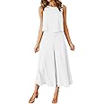 ROYLAMP Women's Summer 2 Piece Outfits Round Neck Crop Basic Top Cropped Wide Leg Pants Set Jumpsuits