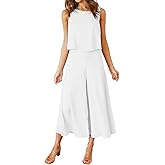 ROYLAMP Women's Summer 2 Piece Outfits Round Neck Crop Basic Top Cropped Wide Leg Pants Set Jumpsuits