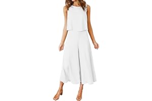 ROYLAMP Women's Summer 2 Piece Outfits Round Neck Crop Basic Top Cropped Wide Leg Pants Set Jumpsuits