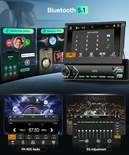 VECHTEL Carplay Android Auto Wireless Car Radio with 7 Inch Electrically Retractable Display, 1 DIN FM Radio with Bluetooth, Mirror Link,2 USB/Type-C/SD with Rear View Camera/Steering Wheel Control