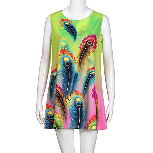 Dressin Womens Dress Summer O-Neck Boho Sleeveless Floral Printed Beach Mini Dress Casual T-Shirt Tank Tops Short Dress