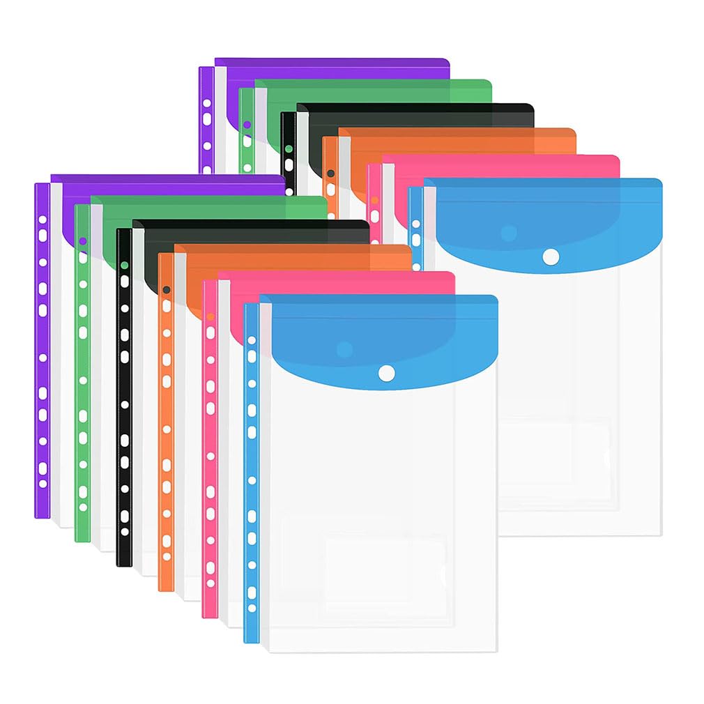 12 Pcs Punched Pockets - A4 Plastic Wallets Folders, Expandable Document Wallet, Waterproof Sleeves for Document Filing, Multicolor File Folders for School Home Office