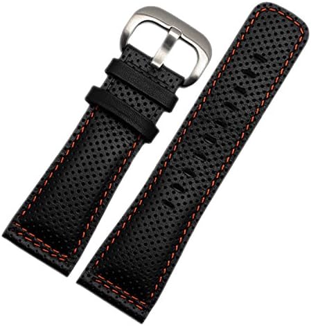 28mm Perforated Black Leather Watch Strap Band Stitch Compatible for P1|P2|M1|M2 (Black with Orange stitching)