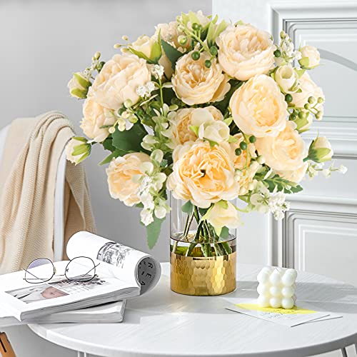 4 Bundles Peonies Silk Flowers, Artificial Peonies for Home Decoration and Wedding Bride Bouquet, Fake Peony Flowers Bulk as Crafts DIY Fake Plants Without Vase (Champagne)