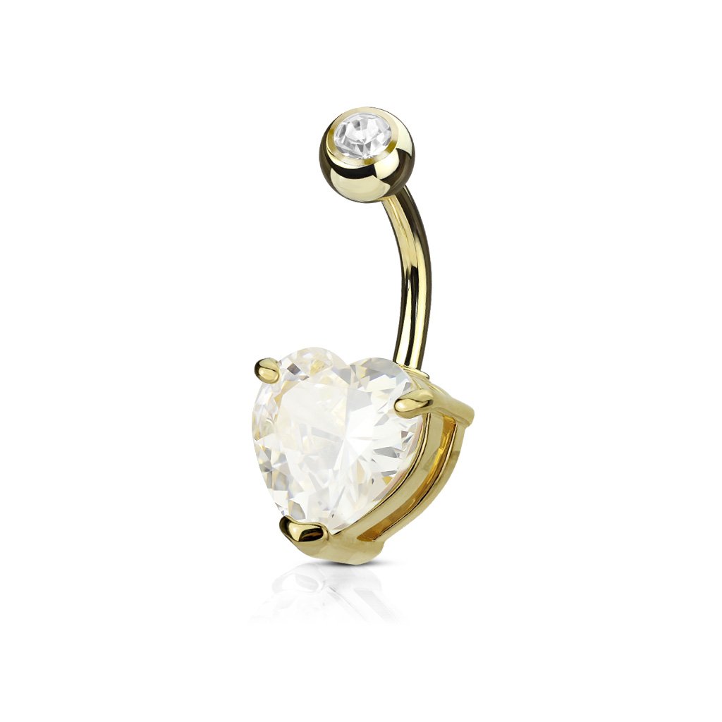 PiercedOff Gold Tone IP over 316L Surgical Steel 1.6mm Belly Bar with a 7mm Clear CZ Heart - Length 10mm