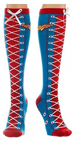 DC Comics Wonder Woman Faux Lace Up Knee High Socks Blue, One Size