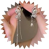 Zeshimb Asymmetrical Crystal Butterfly Tassel Dangle Earrings Diamond Rhinestone Butterfly Wings Beads Chain Drop Earrings Mismatch Zircon Butterflies Statement Earrings Wedding Jewelry for Women