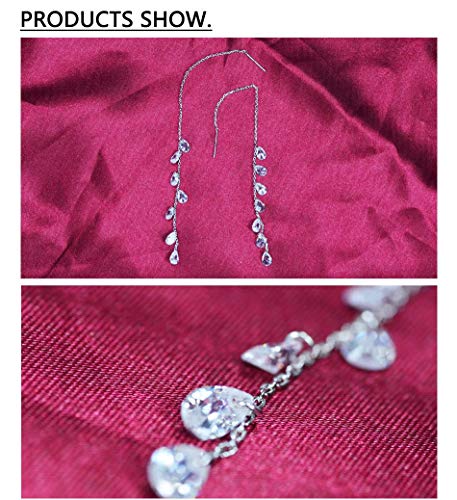 925 Sterling Silver Tassel Drop Earrings Long CZ Droplet Dangle Threader Earrings for Women