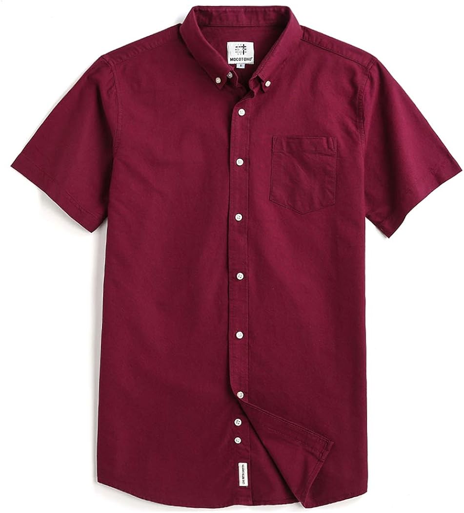 Mocotono Men's Short Sleeve Oxford Button Down Casual Shirt, Maroon, XX