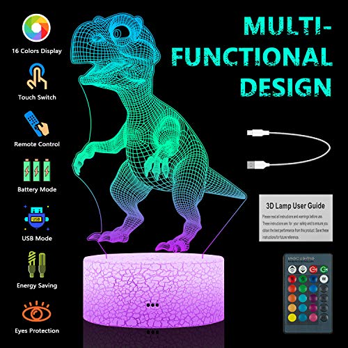 image for MaiKeEr 3D Night Light Dinosaur for Kids, 3D Illusion Lamp with Remote
