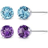 Gem Stone King 925 Sterling Silver 4MM Purple Amethyst and Blue Topaz Stud Earrings For Women Men Set of 2